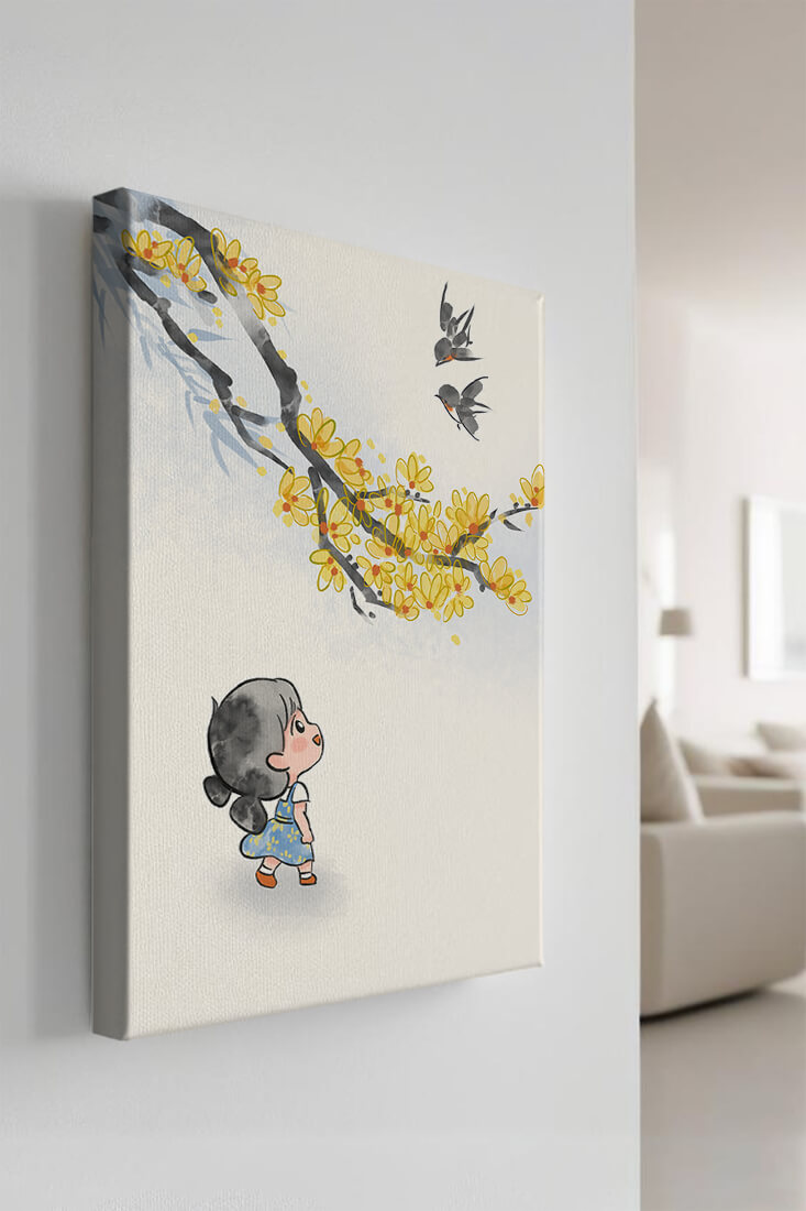 Charming illustration of a child gazing at birds and yellow blossoms