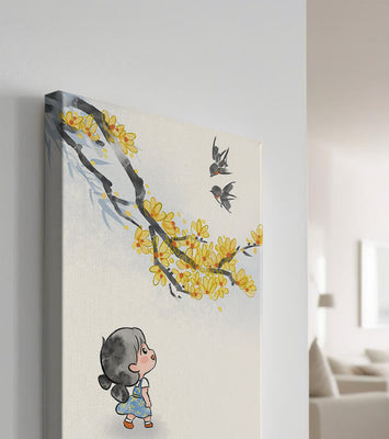 Charming illustration of a child gazing at birds and yellow blossoms