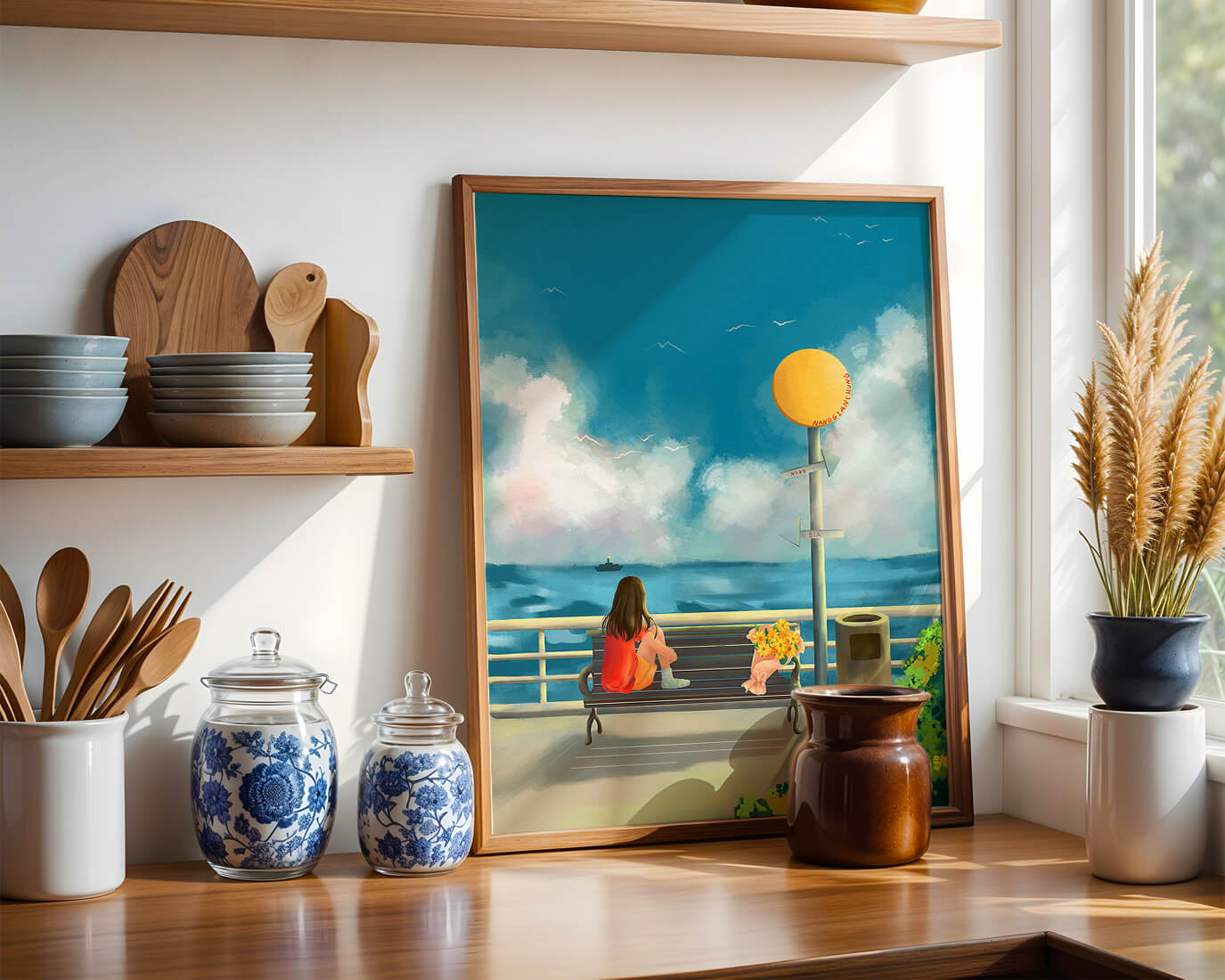 Serene waterfront scene with woman on bench facing the sea