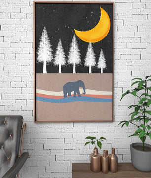 Serene Night Scene with Elephant Under Golden Moon in Forest - Mi tienda