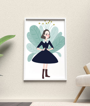 Ilustración de una chica caprichosa con hojas y elementos florales