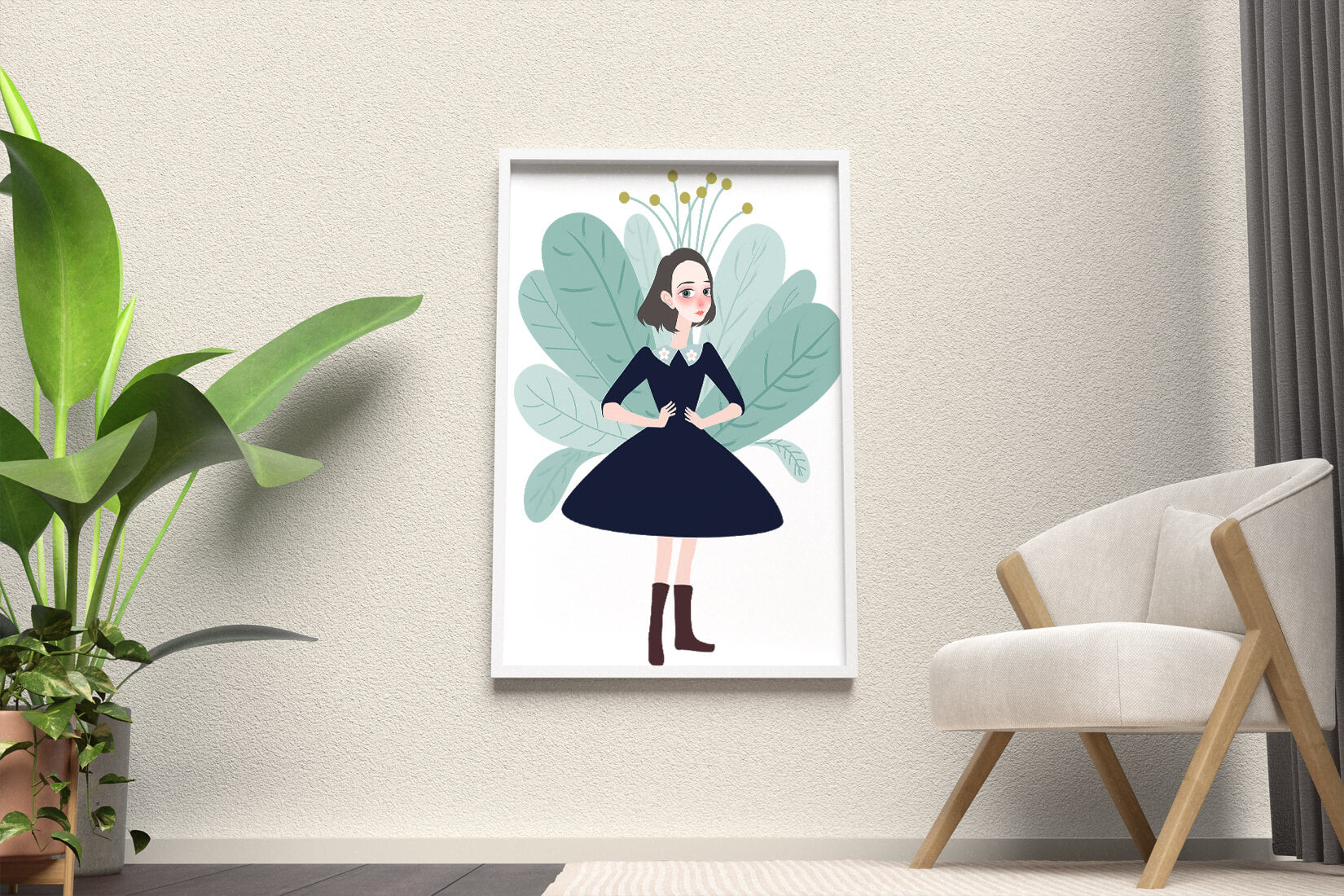 Illustration of a whimsical girl with leaves and floral elements