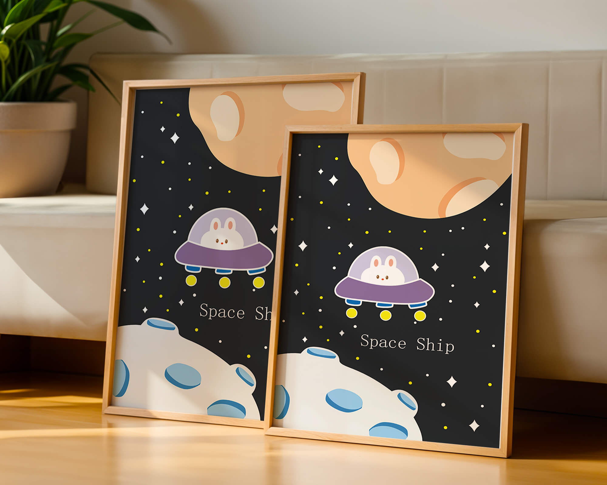 Cute bunny in spaceship with planets and stars in space illustration