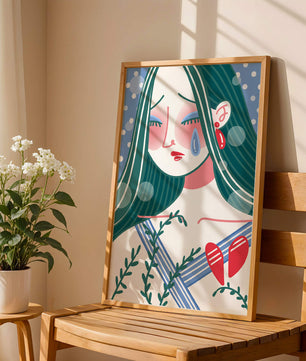 Ilustración de una mujer triste con el corazón roto