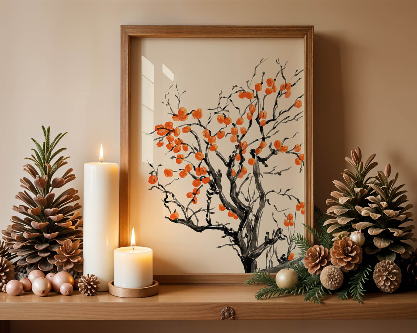 Elegant watercolor tree with vibrant orange fruit