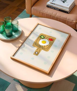 Ilustración de una escena de desayuno con huevo, aguacate y tomate sobre tabla de madera