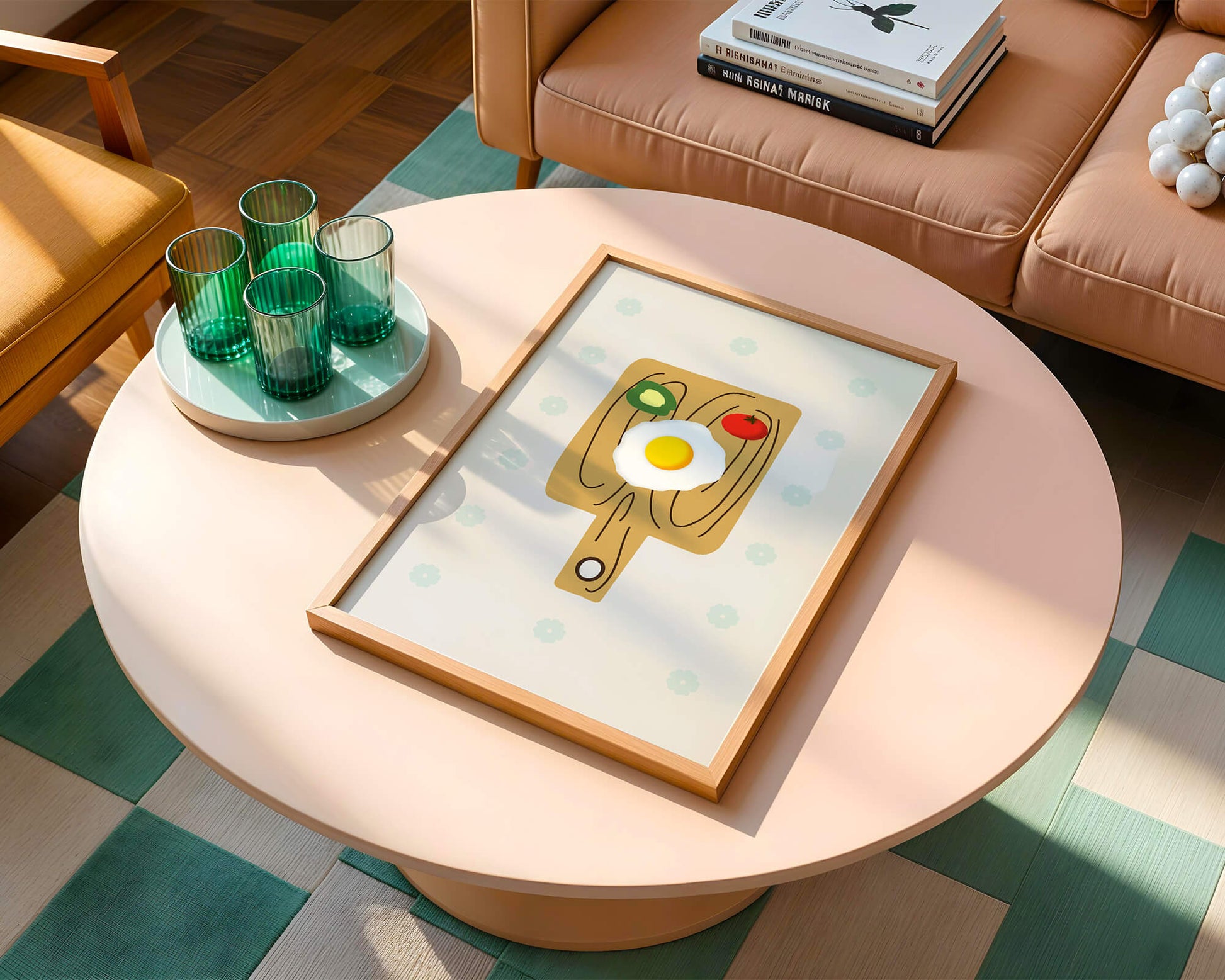 Ilustración de una escena de desayuno con huevo, aguacate y tomate sobre tabla de madera