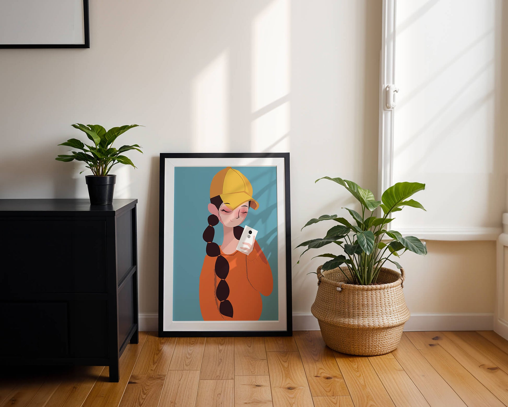 Colorful illustration of a girl with a smartphone