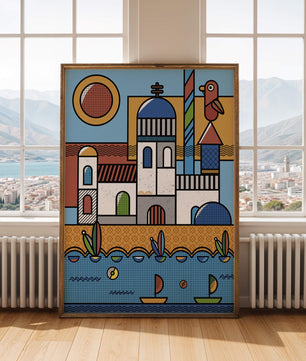 Bunte geometrische Küstendorf-Illustration mit Vögeln und Booten