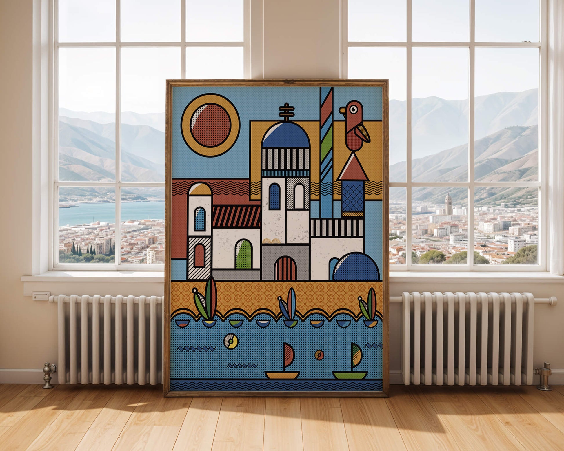 Bunte geometrische Küstendorf-Illustration mit Vögeln und Booten