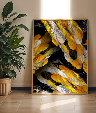 Abstract Composition with Yellow and White Feathers on a Black Background - Mi tienda