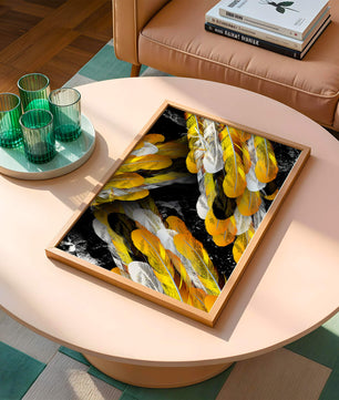 Abstract Composition with Yellow and White Feathers on a Black Background - Mi tienda