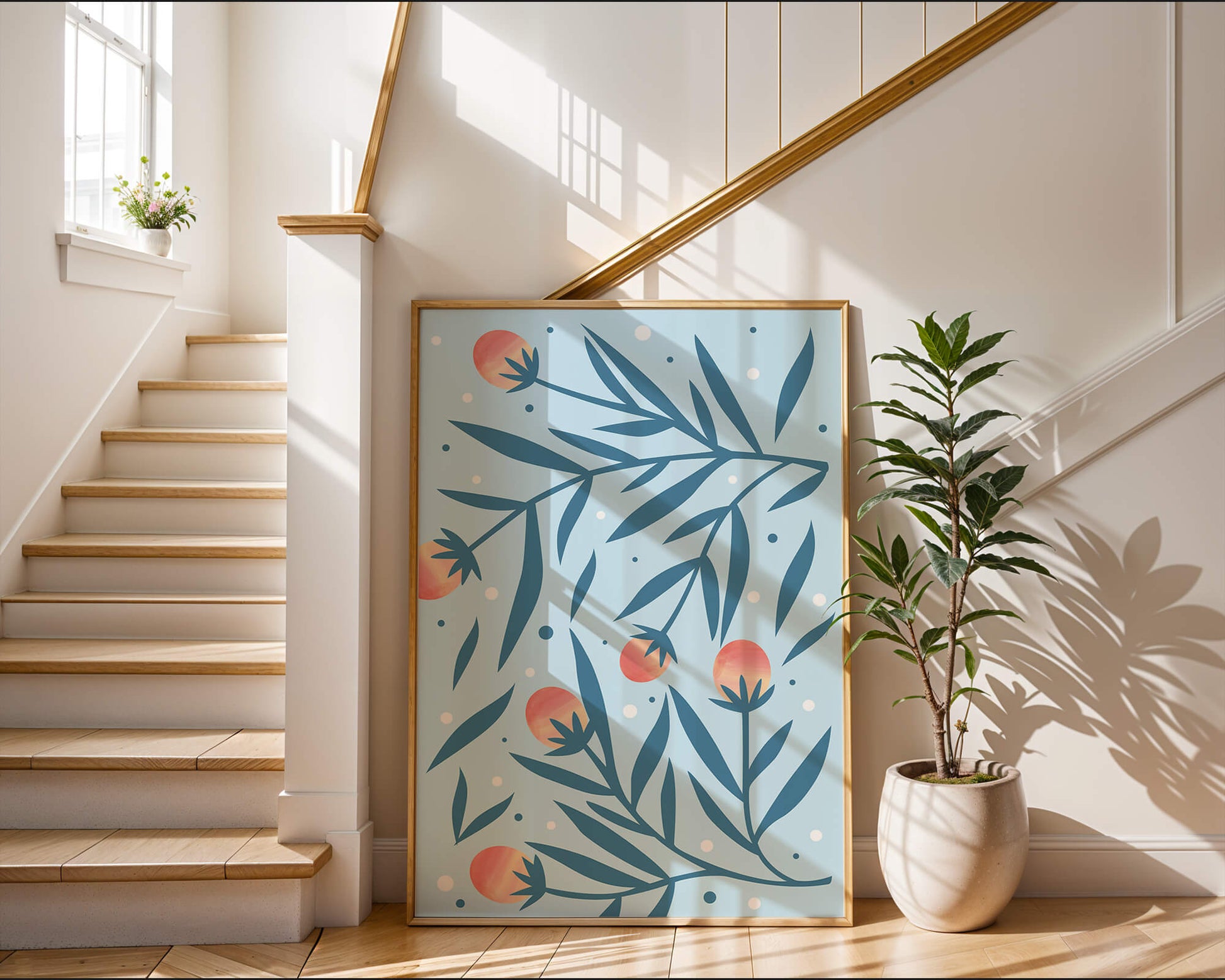 Abstract botanical pattern with colorful flowers and leaves on light blue background