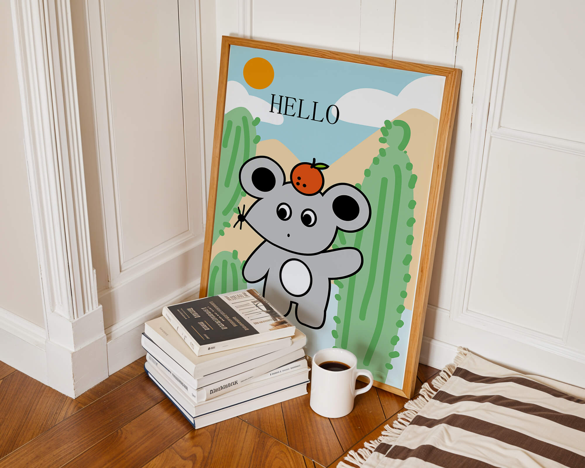 Cute illustration of a mouse with an orange on a sunny background