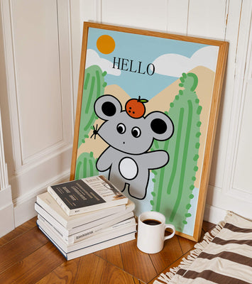 Cute illustration of a mouse with an orange on a sunny background