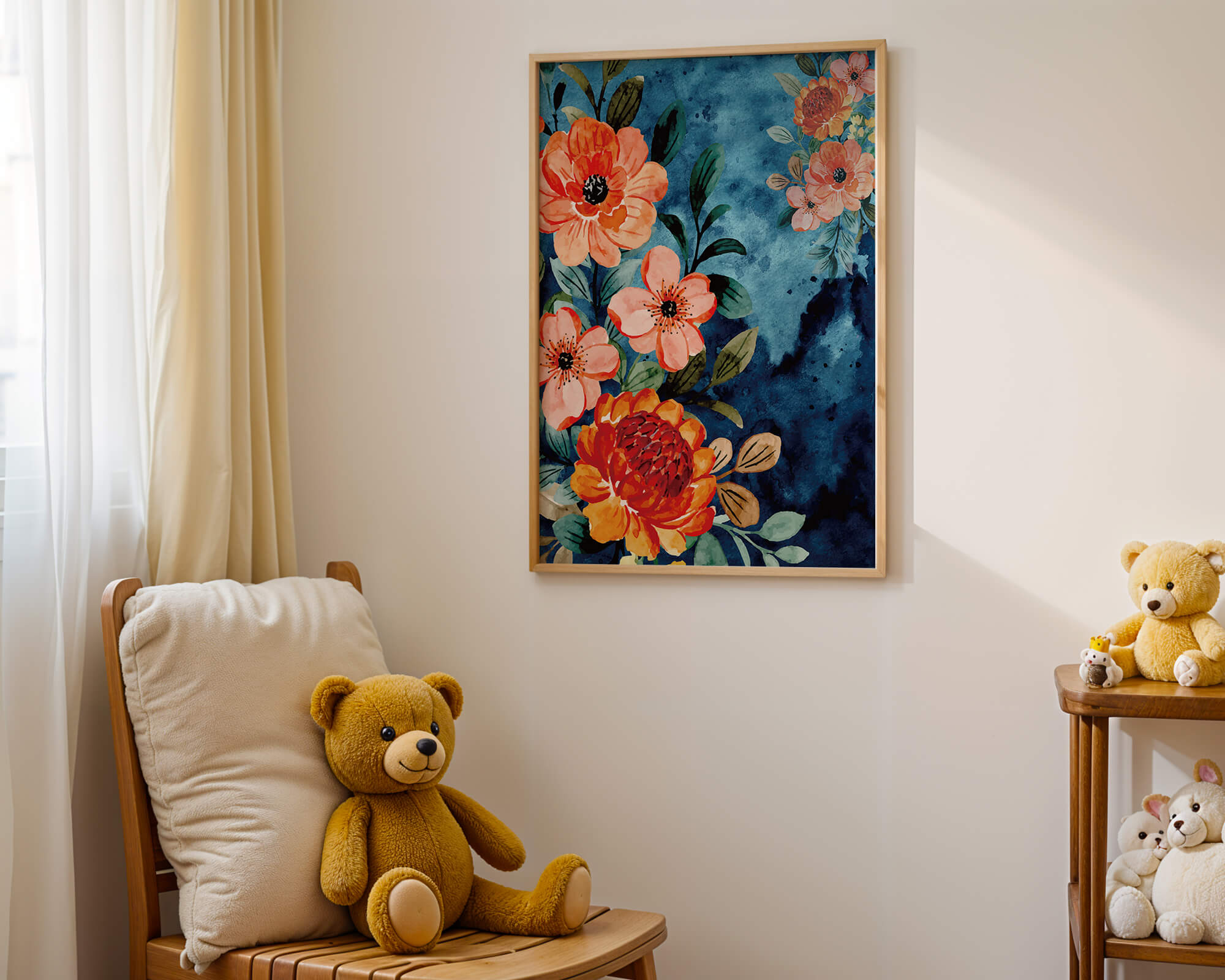 Vibrant floral watercolor design with orange blossoms and blue background