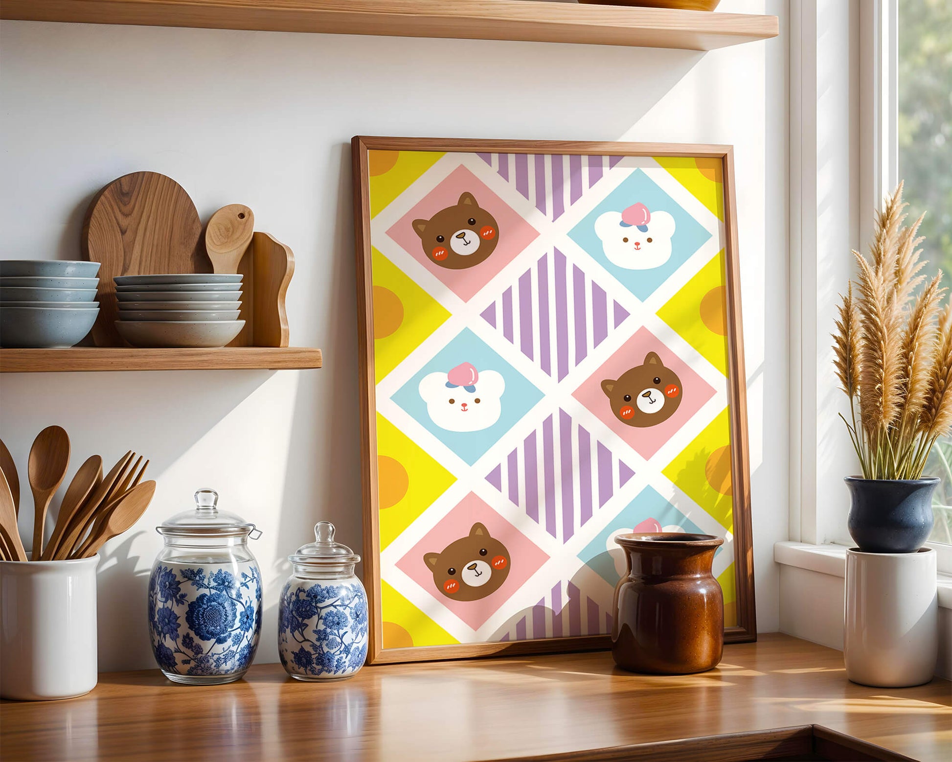 Playful geometric bear and colorful pattern for children's room decor