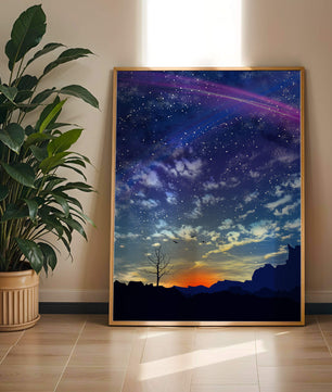 Starlit night sky with colorful sunset and silhouetted landscape