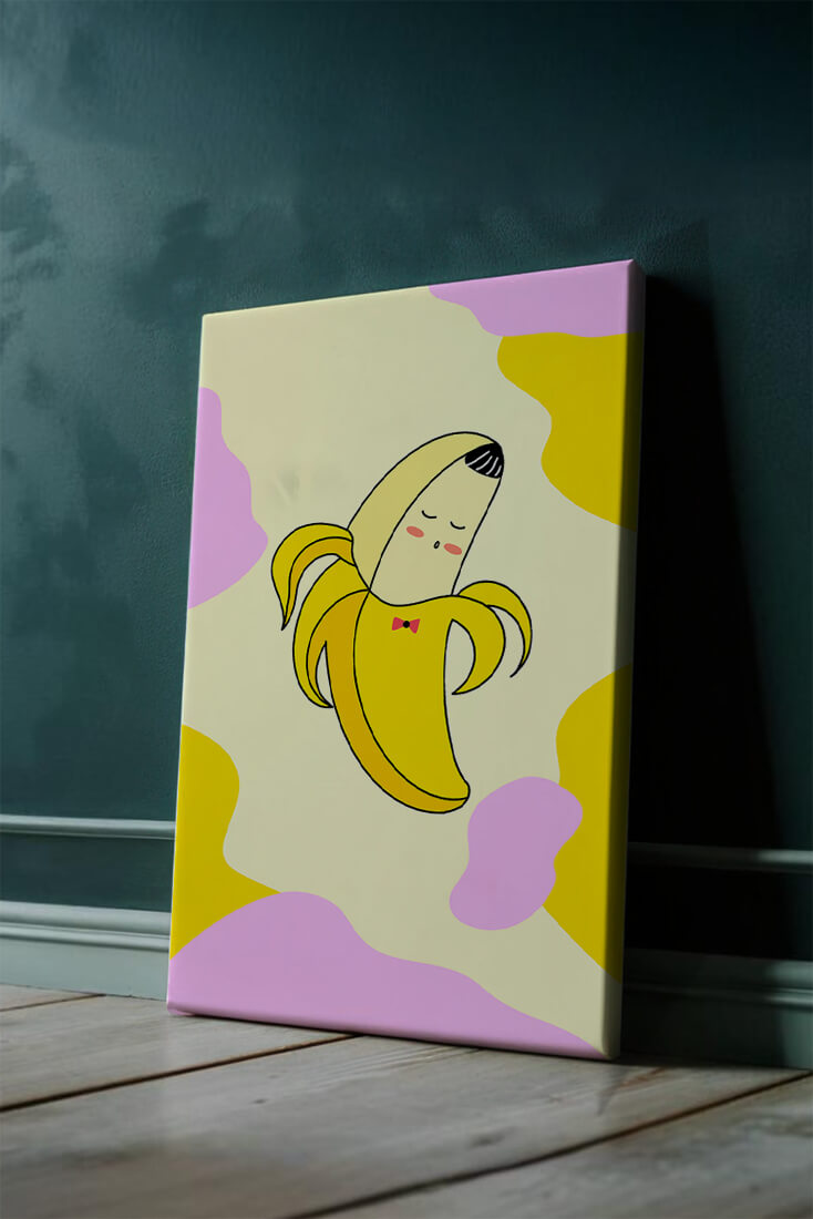 Quirky animated banana with bow tie on colorful abstract background