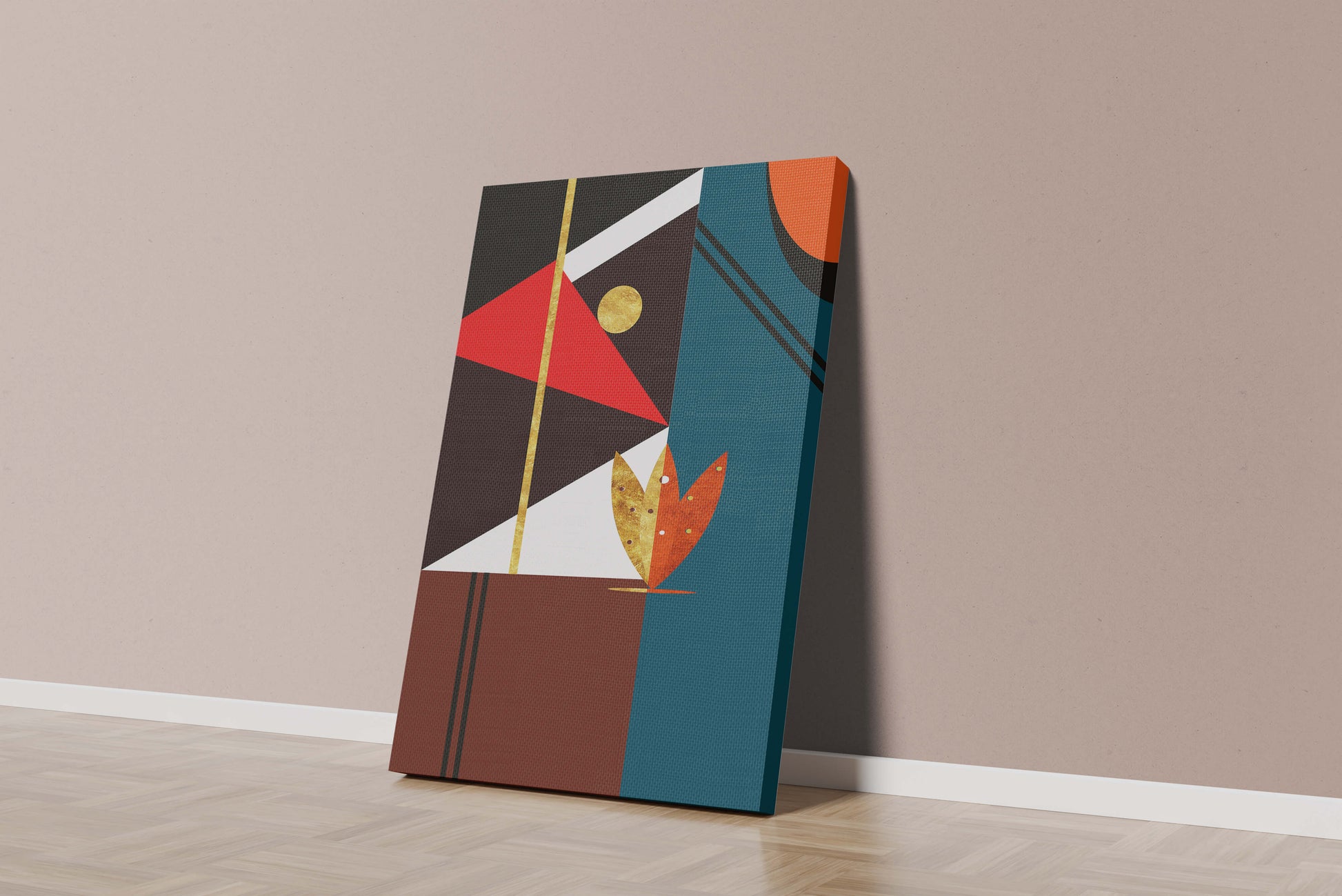 Geometrische abstrakte Kunst mit Gold und kräftigen Formen