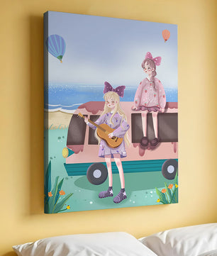 Serene beach scene with whimsical characters and hot air balloons
