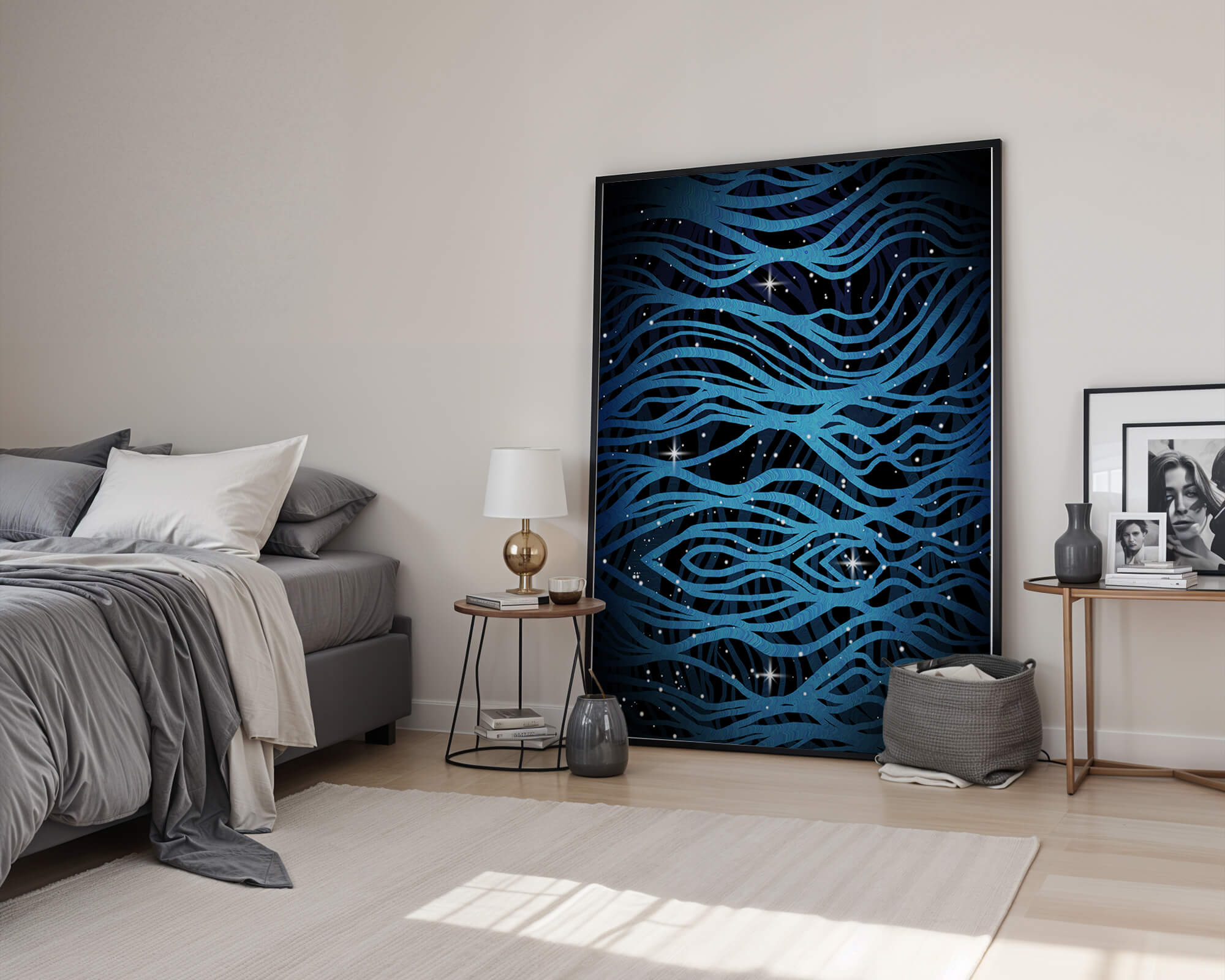 Abstract blue wave lines with starry night background