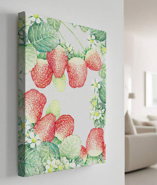 Ilustración de fresas y flores con hojas verdes exuberantes