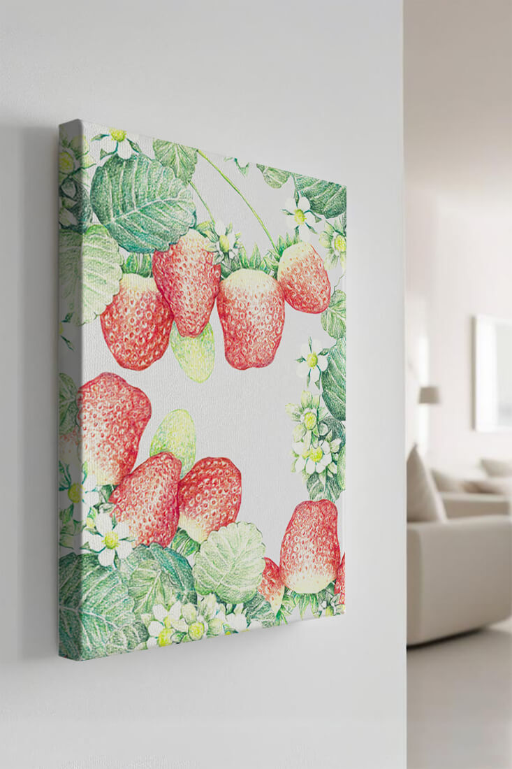 Illustration of strawberries and flowers with lush green leaves