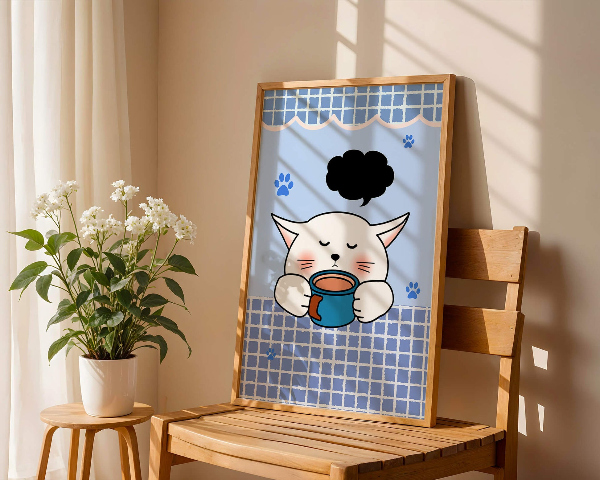 Cute cartoon cat with mug and speech bubble on blue background