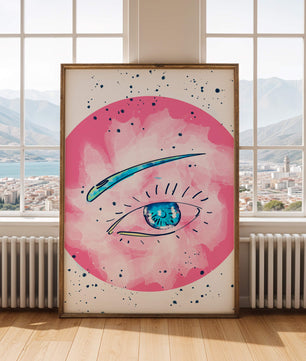 Abstract Eye Illustration with Pink Background and Blue Accents - Mi tienda