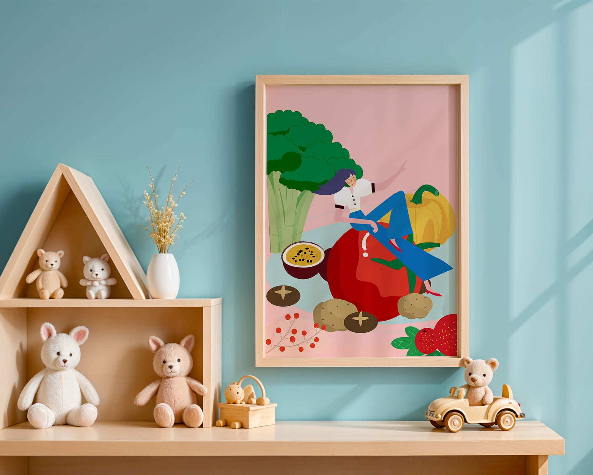 Ilustración de una mujer rodeada de verduras y frutas vibrantes.