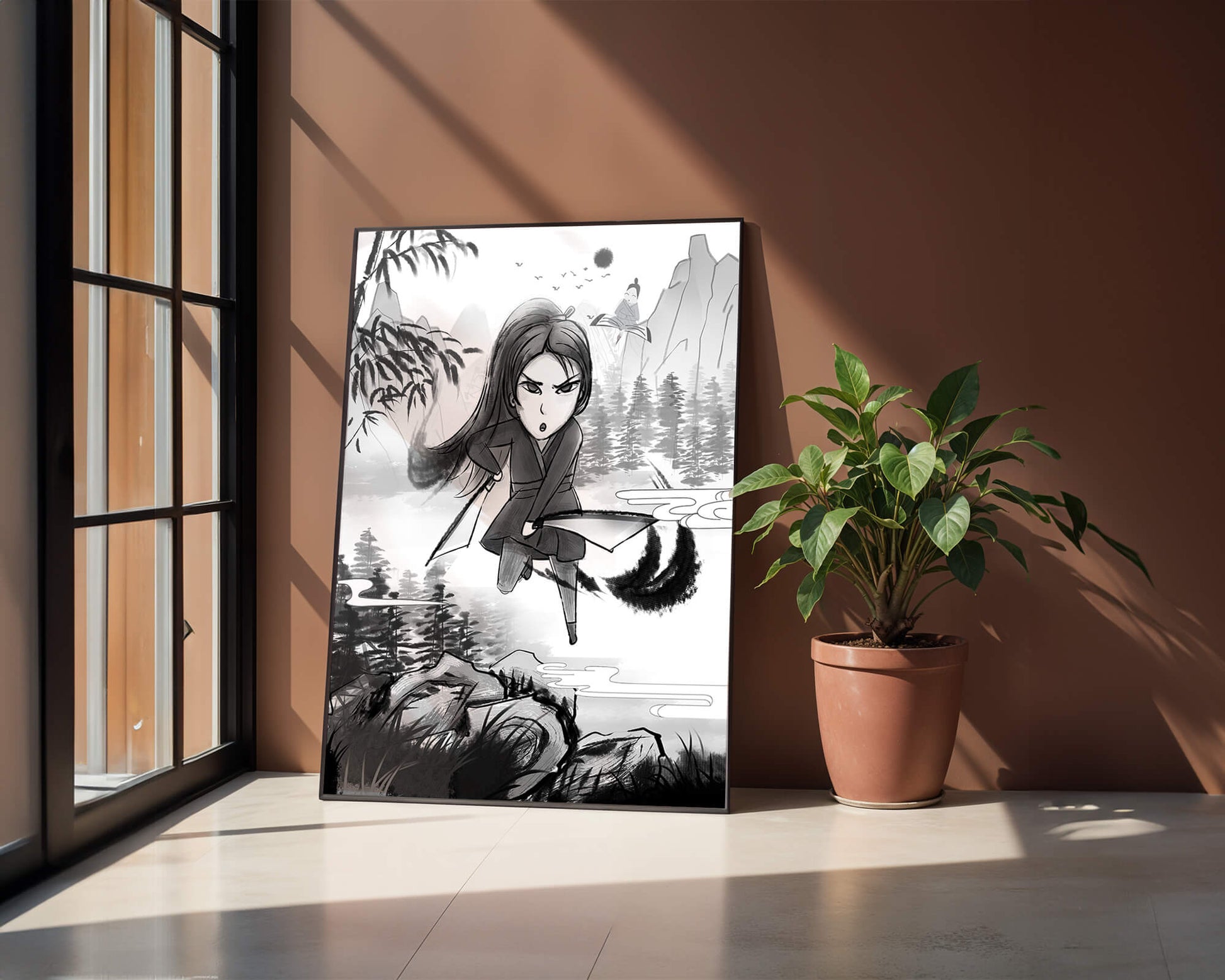 Warrior In A Mystical Landscape With Mountains And Rivers