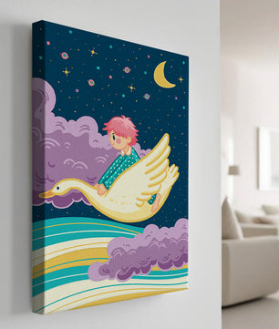 Child flying on a goose through a magical night sky illustration