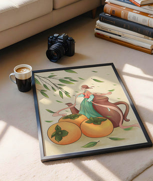 Whimsical scene with a woman in traditional attire among persimmons and leaves