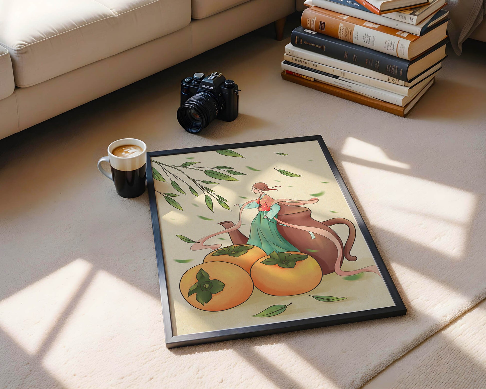 Whimsical scene with a woman in traditional attire among persimmons and leaves