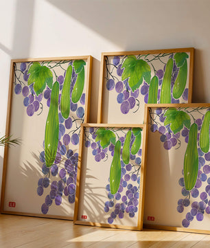 Ilustración de uvas y pepino con colores vibrantes y hojas