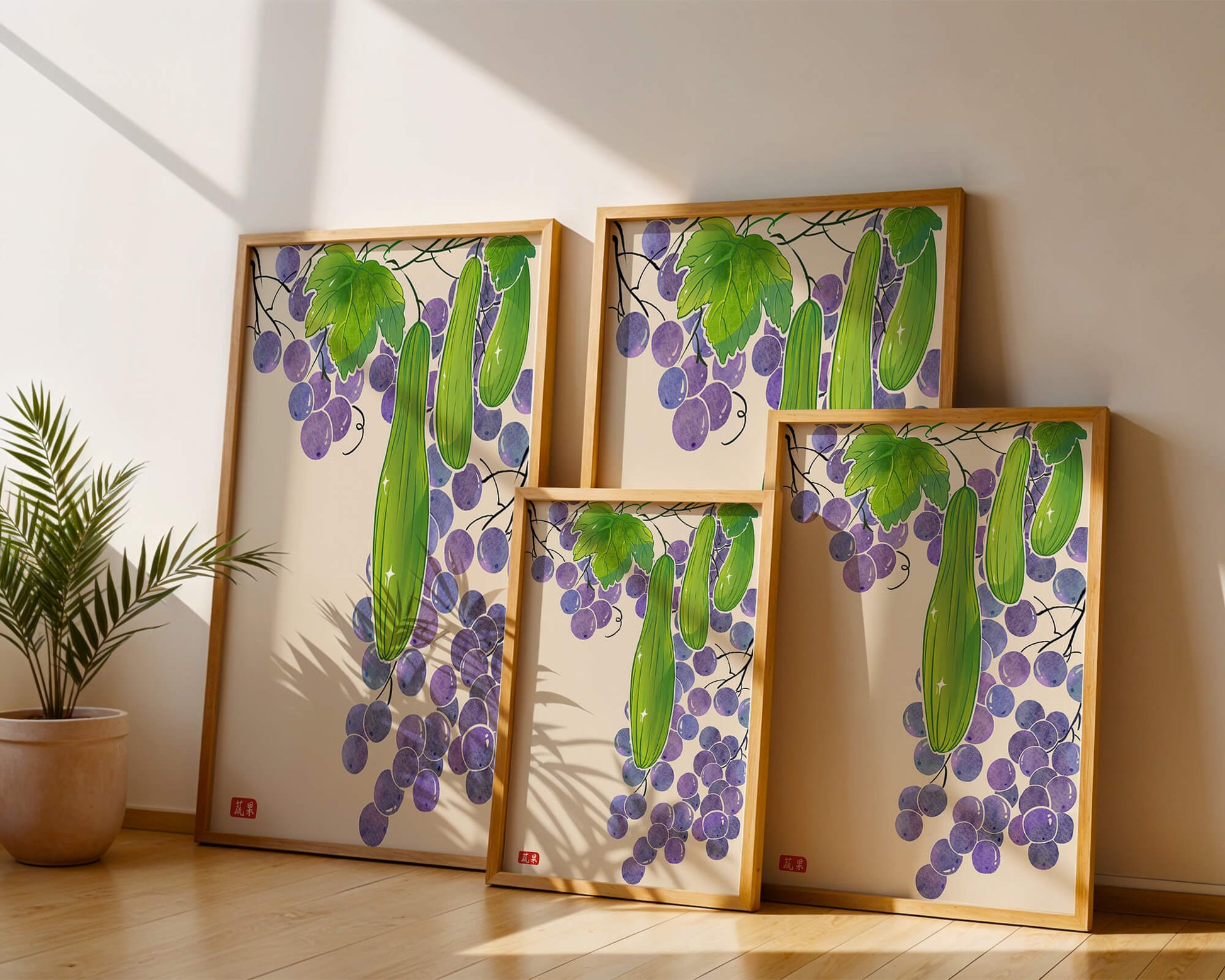 Ilustración de uvas y pepino con colores vibrantes y hojas