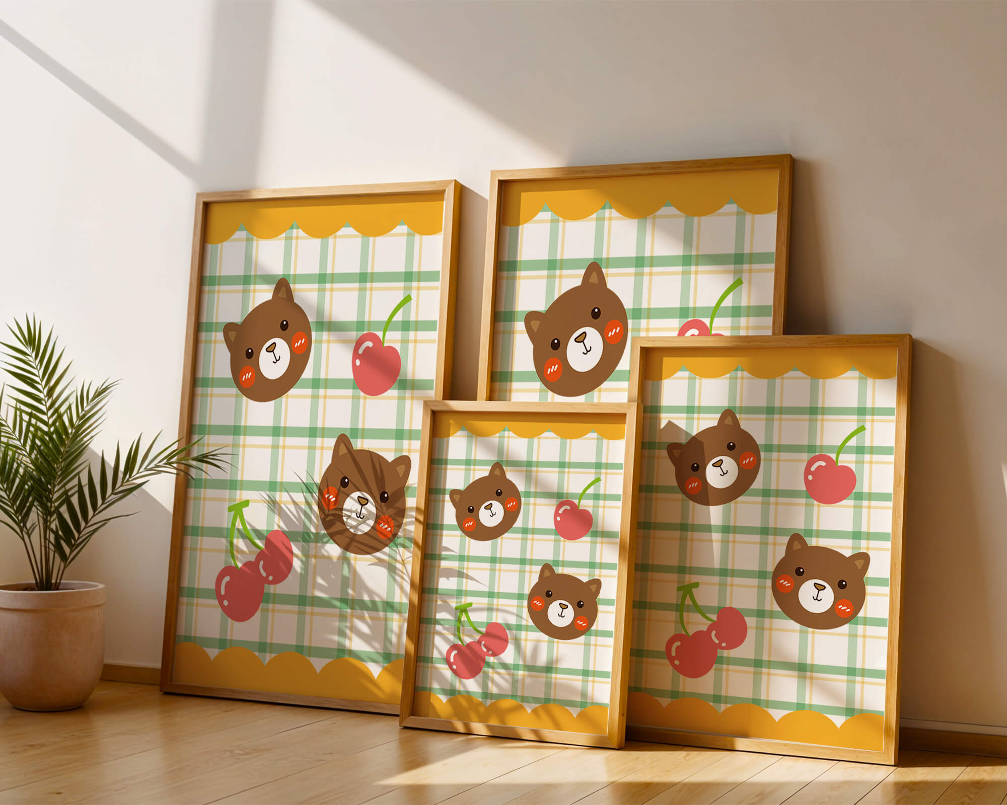 Playful bear and cherry pattern with plaid background