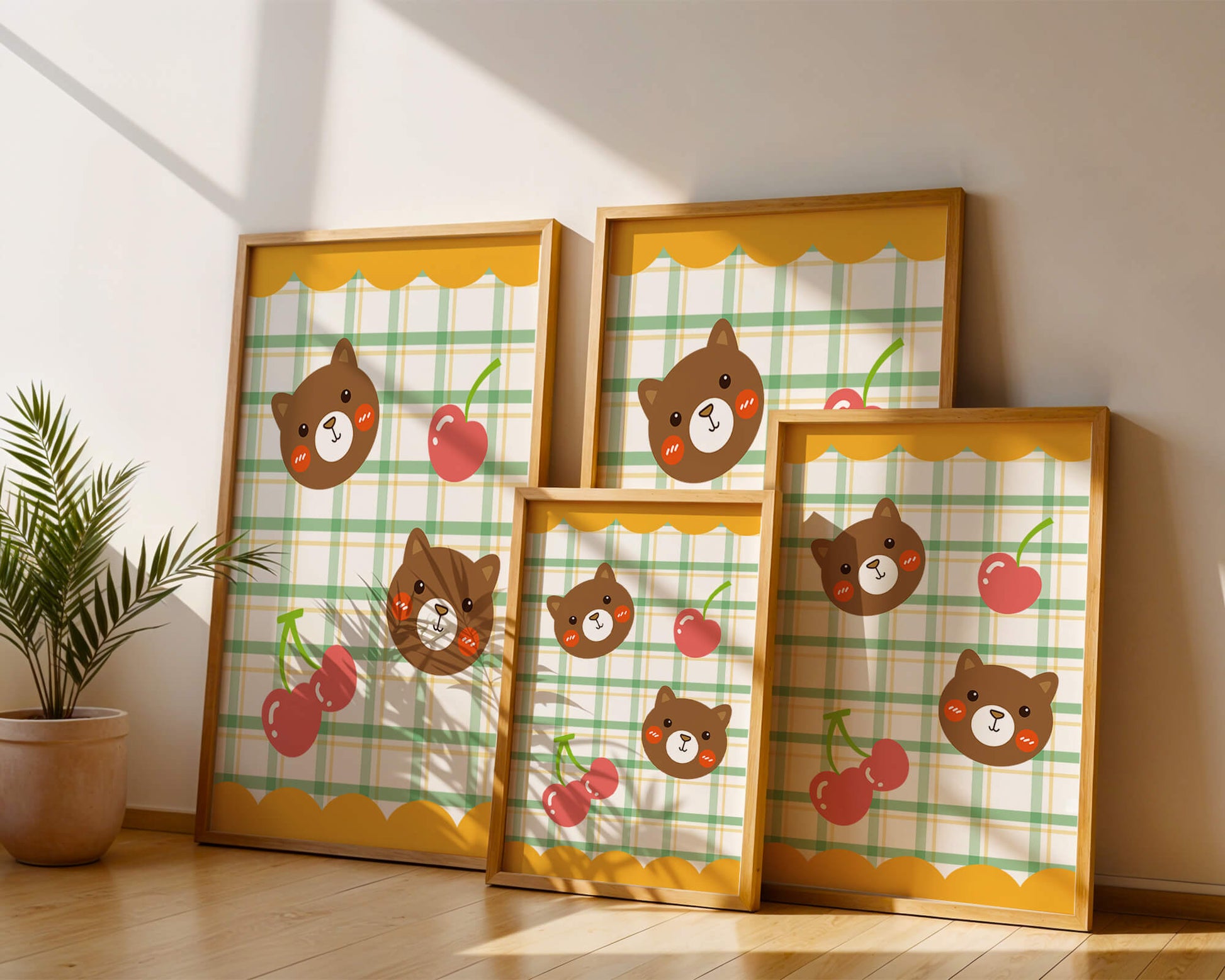 Playful bear and cherry pattern with plaid background
