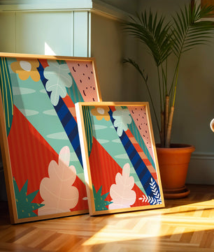 Abstract floral geometric design with vibrant colors and bold patterns