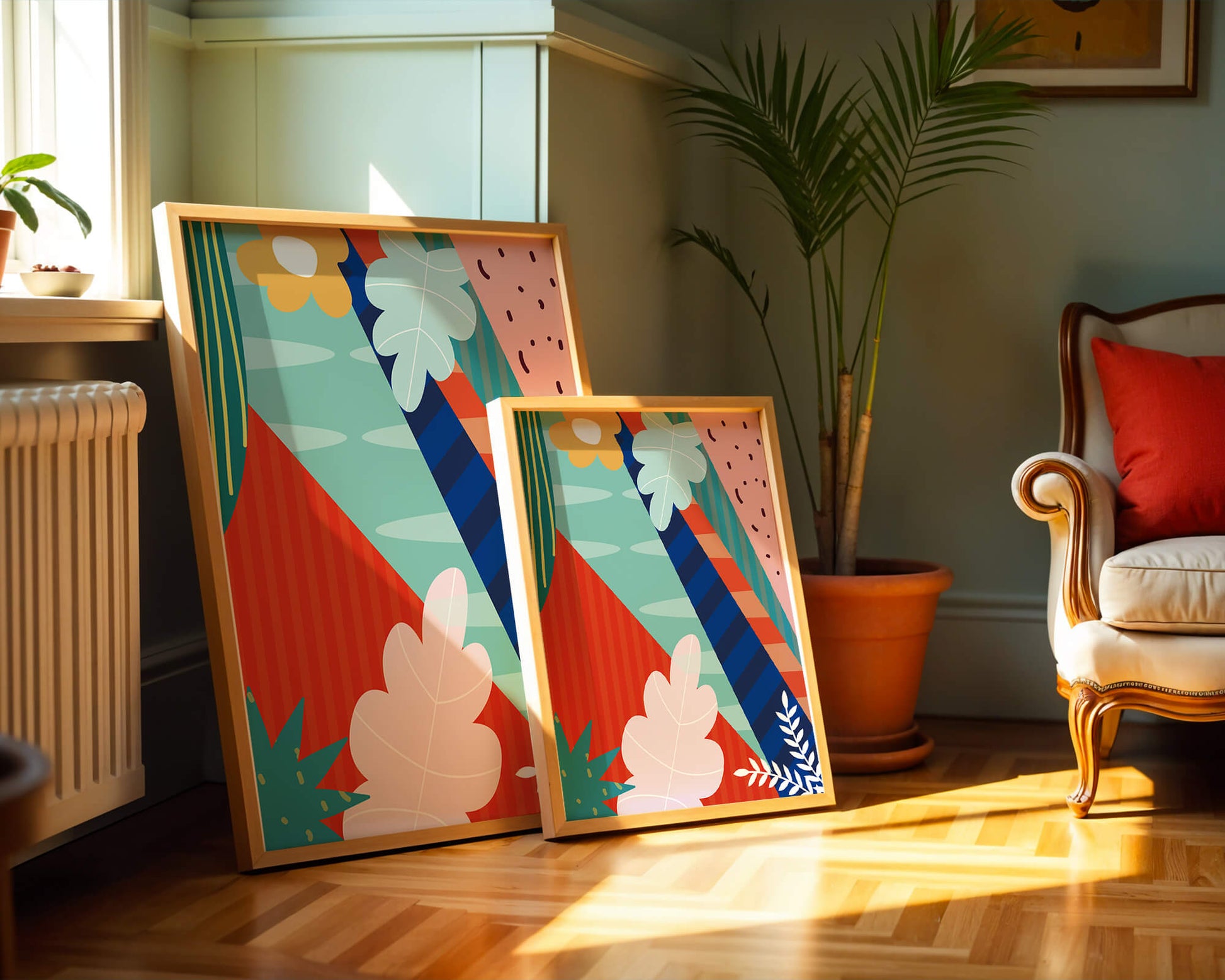 Abstract floral geometric design with vibrant colors and bold patterns