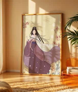 Elegant Woman in Traditional Garment with Snowflakes and Branches