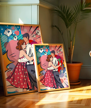 Pareja abrazándose en estilo pop art con un fondo colorido