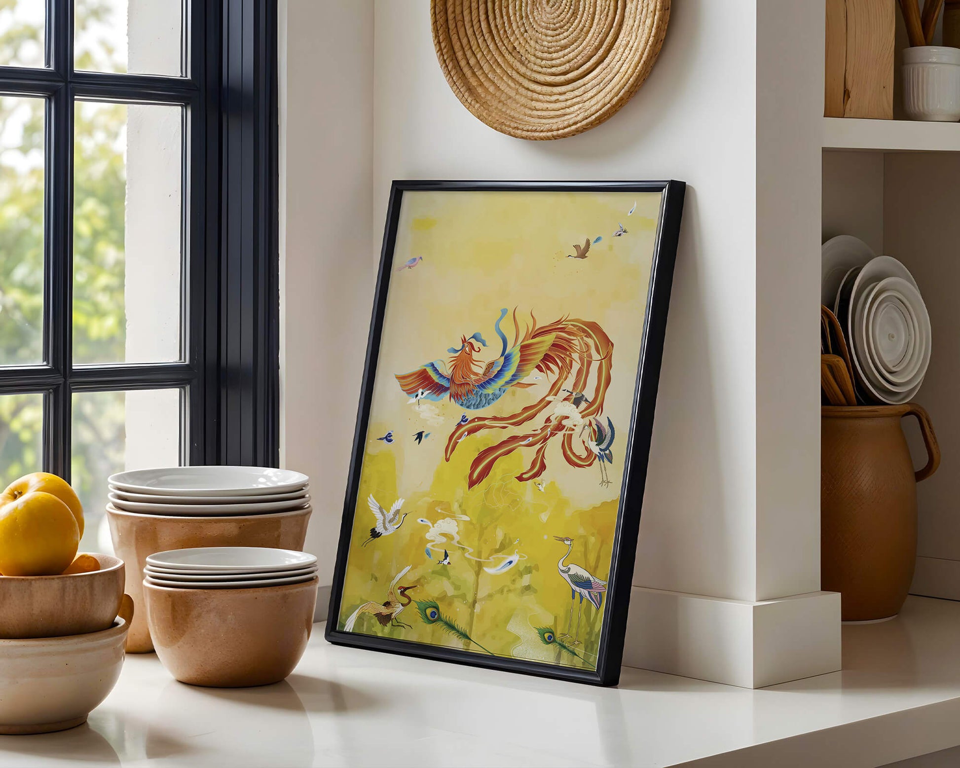 Colorful mystical bird with vivid feathered companions in a vibrant sky
