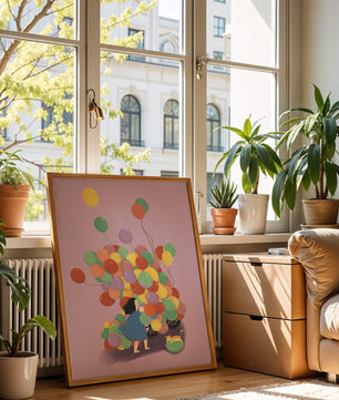 Bunte Luftballons mit einem Kind und einer Katze auf violettem Hintergrund