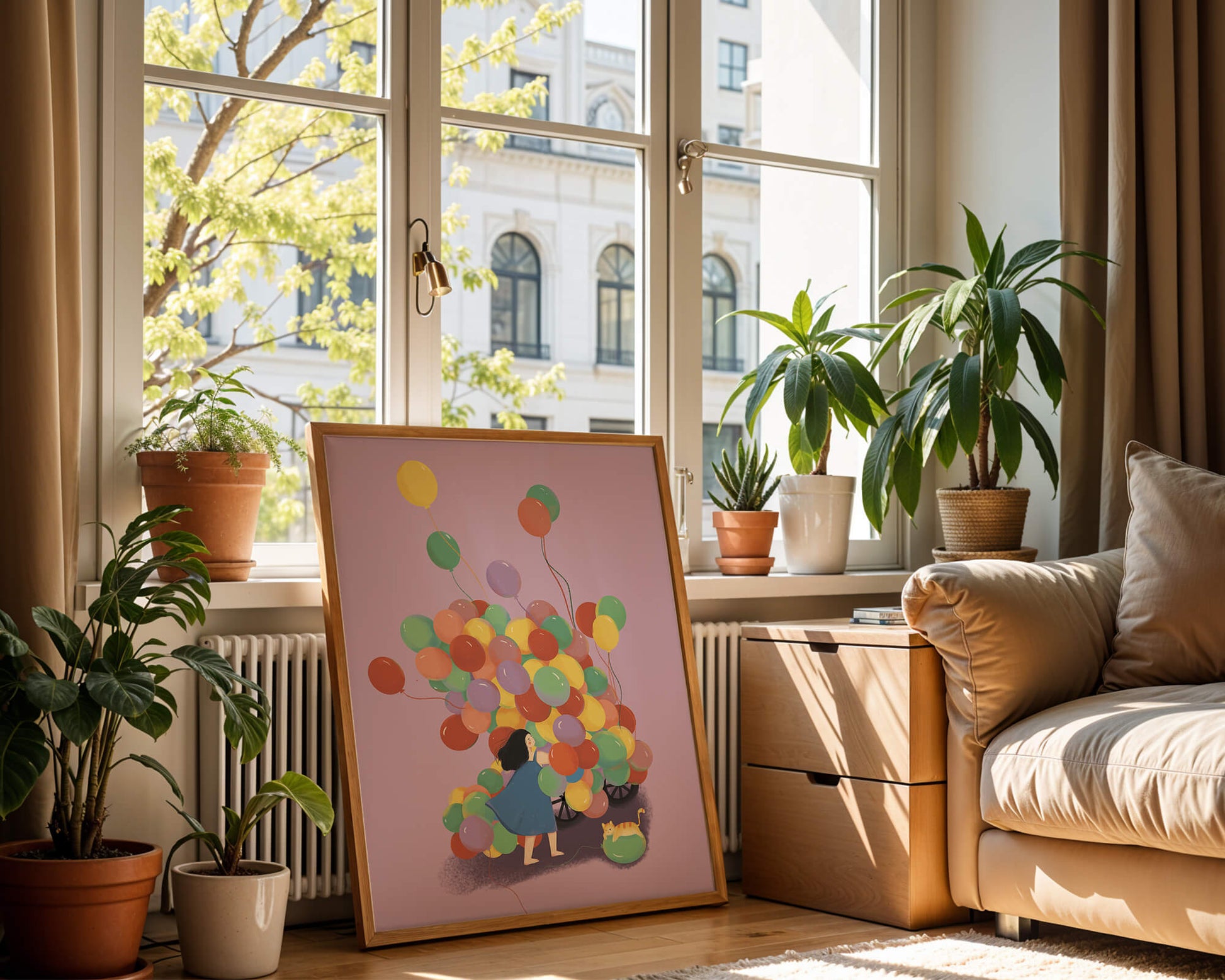 Bunte Luftballons mit einem Kind und einer Katze auf violettem Hintergrund