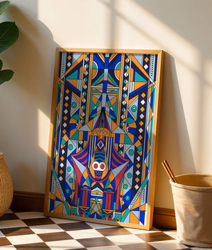 Arte tribal abstracto geométrico con patrones simétricos en azul y naranja