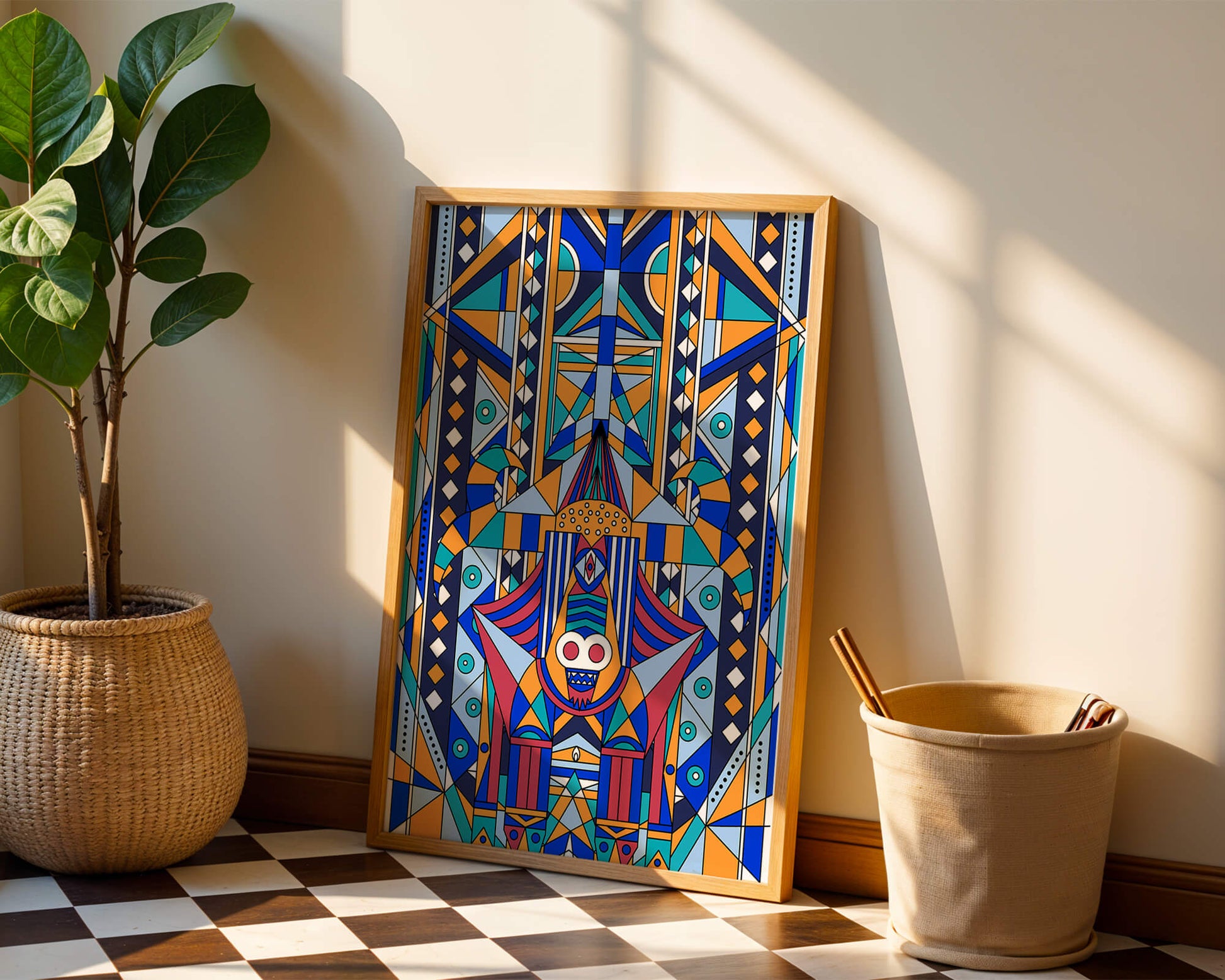 Arte tribal abstracto geométrico con patrones simétricos en azul y naranja