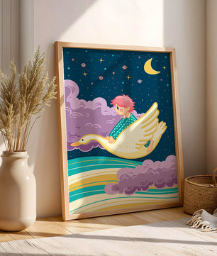 Child flying on a goose through a magical night sky illustration