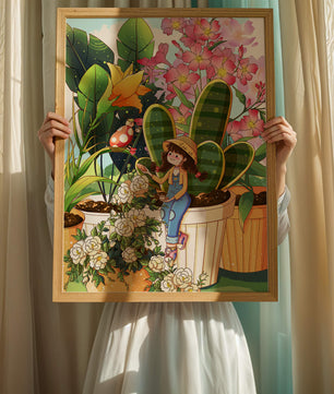 Charmante scène de jardin avec une jeune fille et des fleurs éclatantes
